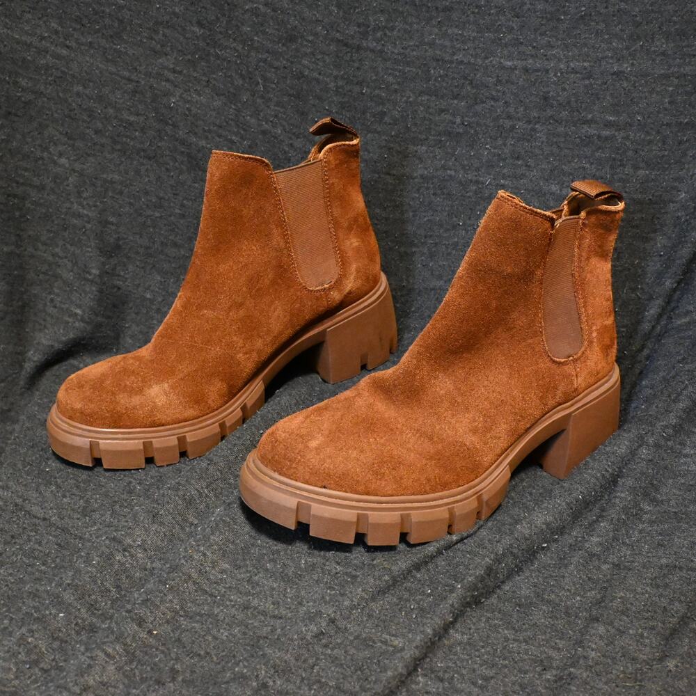 Steve Madden Women's 7.5 Howler Chelsea Ankle Boots Brown Suede Chunky Heel